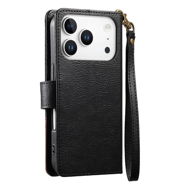 For iPhone 17 Pro Case Color Splicing TPU PU Leather Flip Shockproof Phone Cover with Wrist Strap - Black