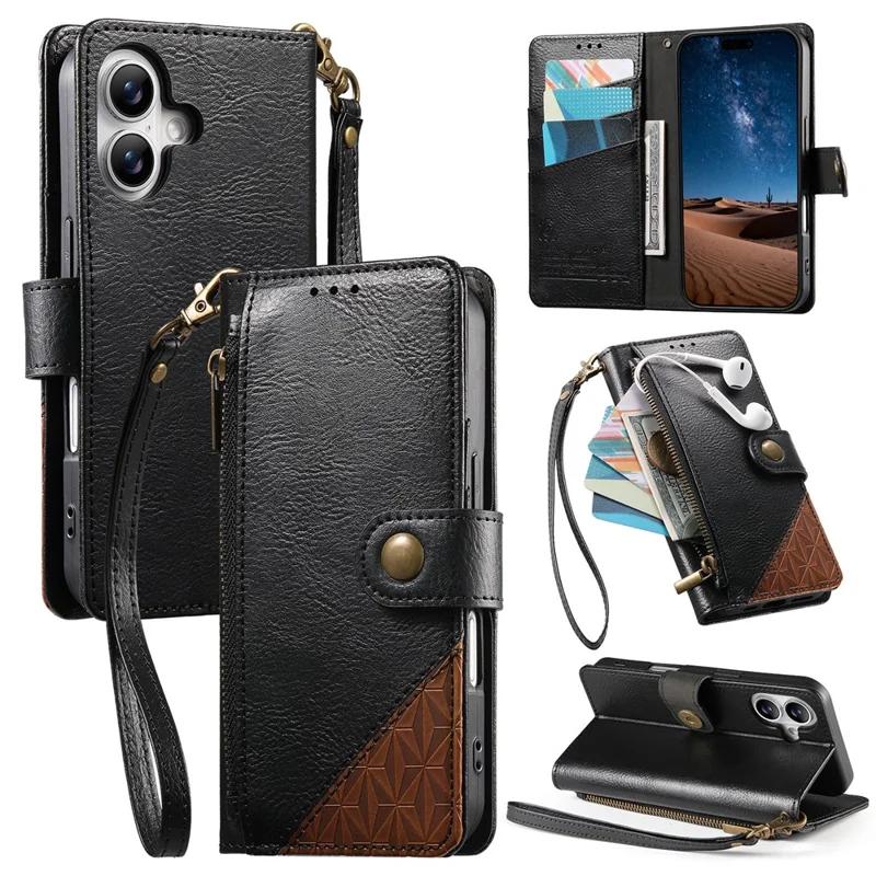 For iPhone 16 Case Color Splicing TPU PU Leather Flip Shockproof Phone Cover with Wrist Strap - Black