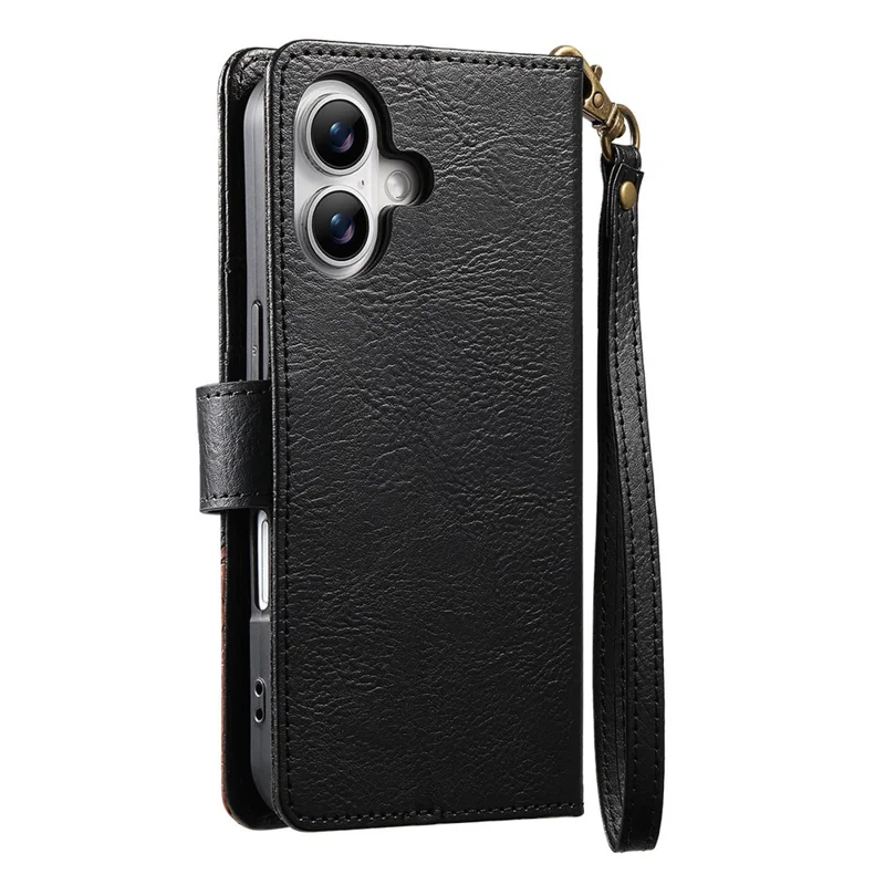 For iPhone 16 Case Color Splicing TPU PU Leather Flip Shockproof Phone Cover with Wrist Strap - Black