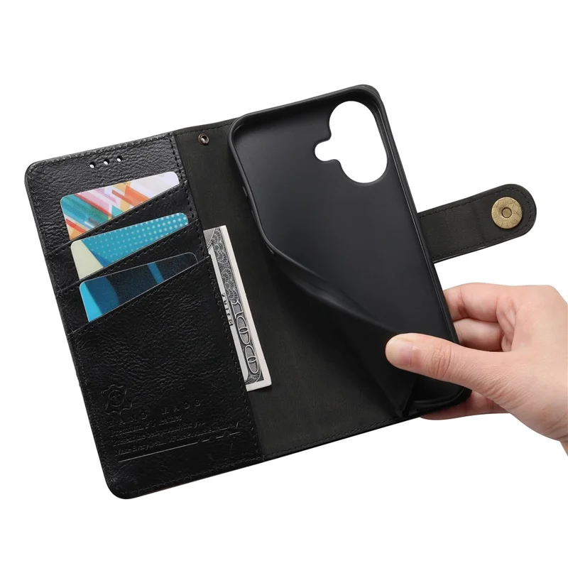 For iPhone 16 Case Color Splicing TPU PU Leather Flip Shockproof Phone Cover with Wrist Strap - Black