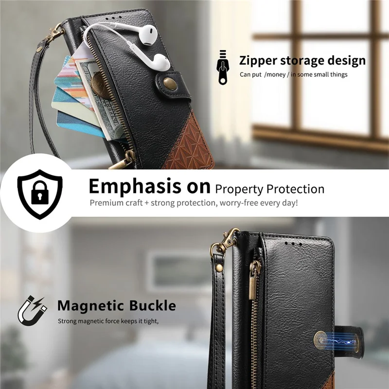 For iPhone 16 Case Color Splicing TPU PU Leather Flip Shockproof Phone Cover with Wrist Strap - Black