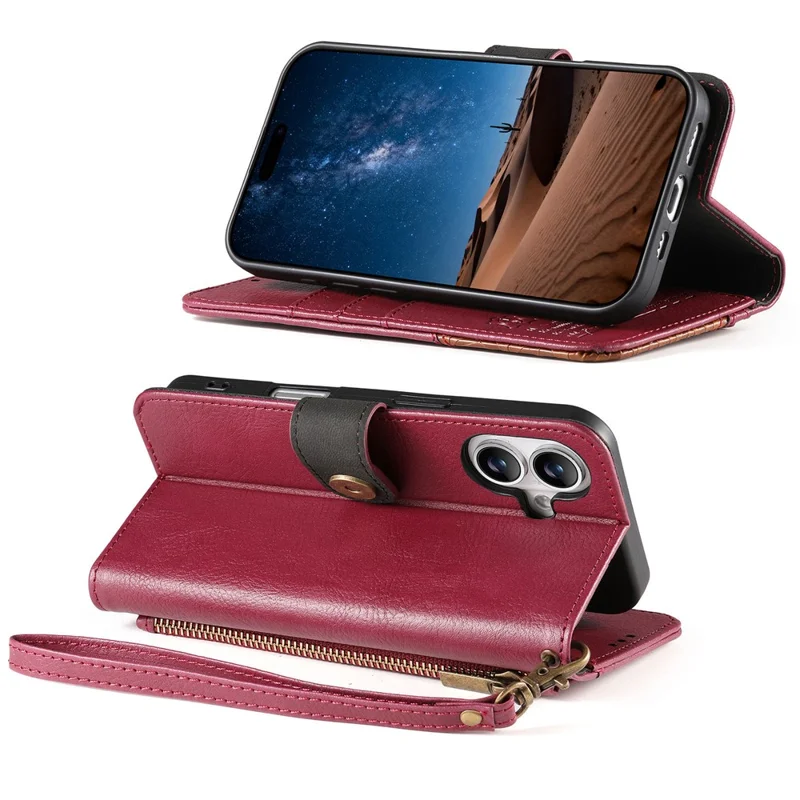 For iPhone 17 Case Color Splicing TPU PU Leather Flip Shockproof Phone Cover with Wrist Strap - Red