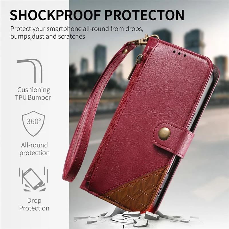 For iPhone 17 Case Color Splicing TPU PU Leather Flip Shockproof Phone Cover with Wrist Strap - Red