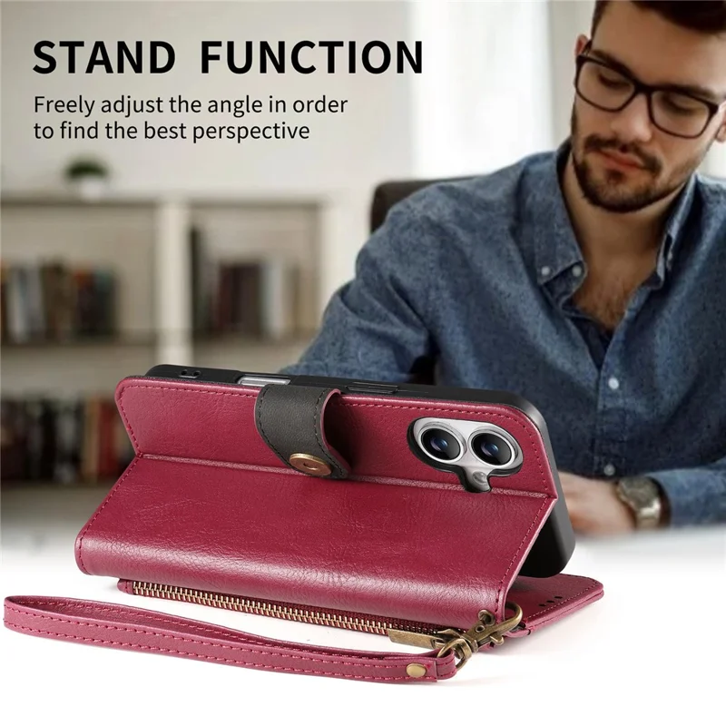 For iPhone 17 Case Color Splicing TPU PU Leather Flip Shockproof Phone Cover with Wrist Strap - Red