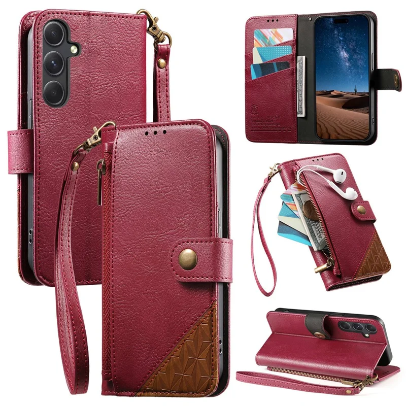 For Samsung Galaxy S26+ Case Color Splicing TPU PU Leather Flip Shockproof Phone Cover with Wrist Strap - Red