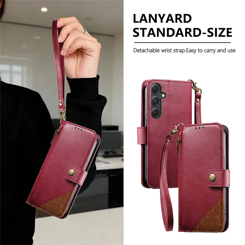 For Samsung Galaxy S26+ Case Color Splicing TPU PU Leather Flip Shockproof Phone Cover with Wrist Strap - Red