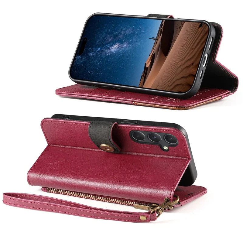 For Samsung Galaxy S26+ Case Color Splicing TPU PU Leather Flip Shockproof Phone Cover with Wrist Strap - Red