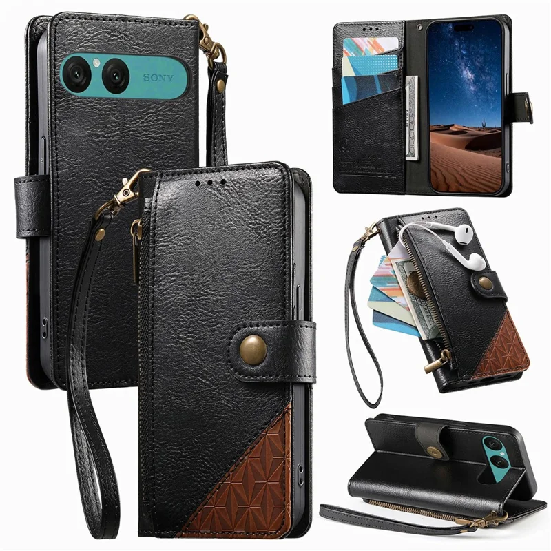 For Sony Xperia 10 VII Case Color Splicing TPU PU Leather Flip Shockproof Phone Cover with Wrist Strap - Black