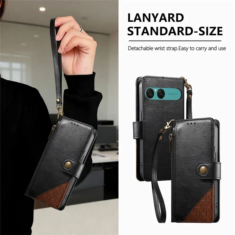 For Sony Xperia 10 VII Case Color Splicing TPU PU Leather Flip Shockproof Phone Cover with Wrist Strap - Black