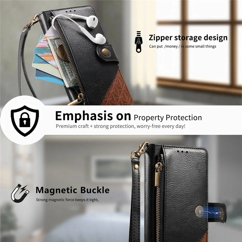 For Sony Xperia 10 VII Case Color Splicing TPU PU Leather Flip Shockproof Phone Cover with Wrist Strap - Black