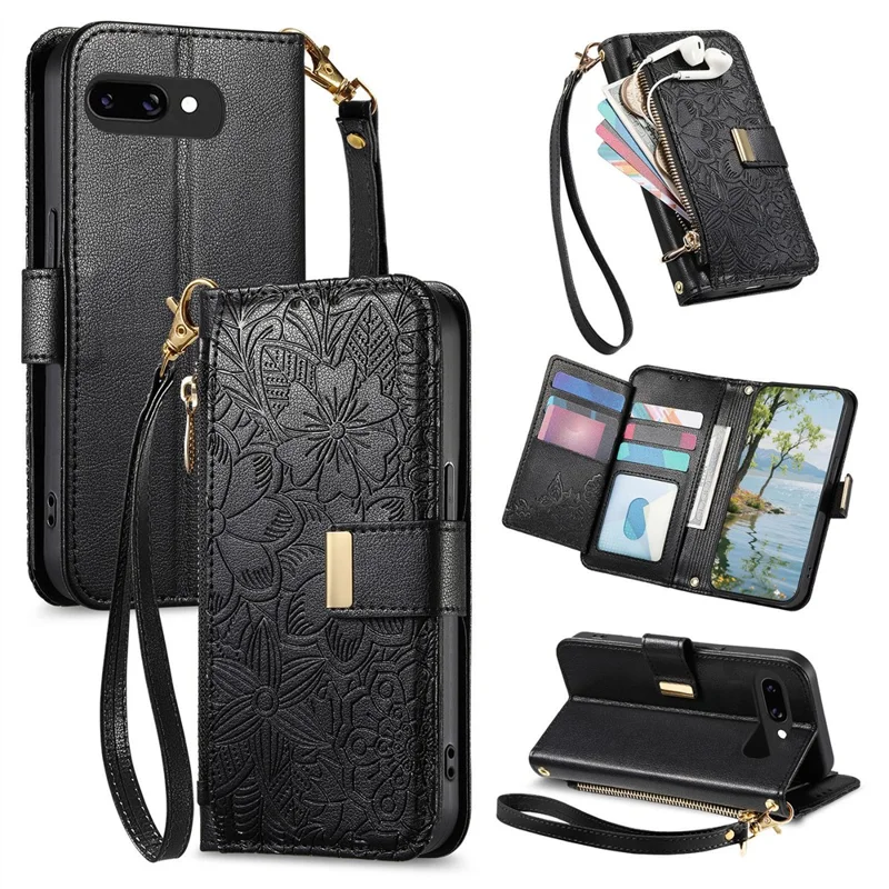 For Google Pixel 9a Case Floral Leaf Pattern Multi Card Slots Zipper Leather Phone Cover with Wrist Strap - Black