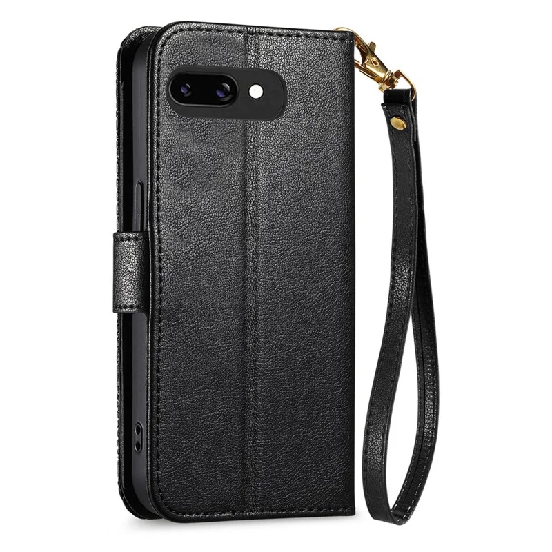 For Google Pixel 9a Case Floral Leaf Pattern Multi Card Slots Zipper Leather Phone Cover with Wrist Strap - Black