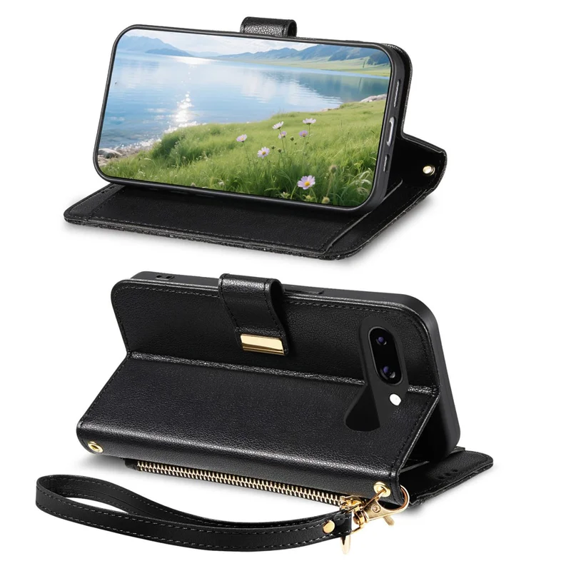 For Google Pixel 9a Case Floral Leaf Pattern Multi Card Slots Zipper Leather Phone Cover with Wrist Strap - Black