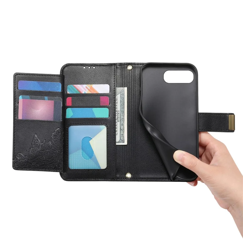 For Google Pixel 9a Case Floral Leaf Pattern Multi Card Slots Zipper Leather Phone Cover with Wrist Strap - Black