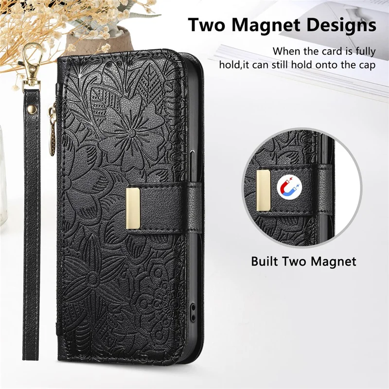For Google Pixel 9a Case Floral Leaf Pattern Multi Card Slots Zipper Leather Phone Cover with Wrist Strap - Black