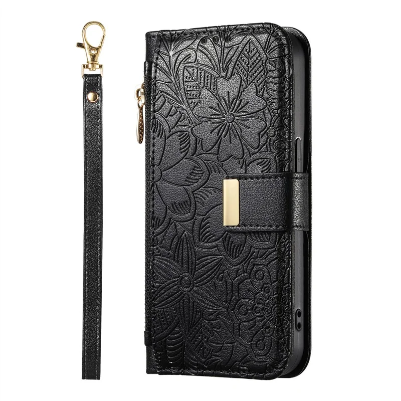 For Google Pixel 9a Case Floral Leaf Pattern Multi Card Slots Zipper Leather Phone Cover with Wrist Strap - Black