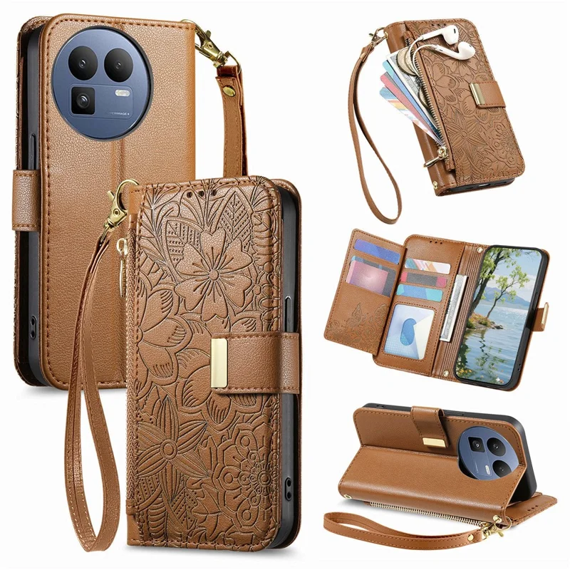 For Realme GT 8 5G Case Floral Leaf Pattern Multi Card Slots Zipper Leather Phone Cover with Wrist Strap - Brown