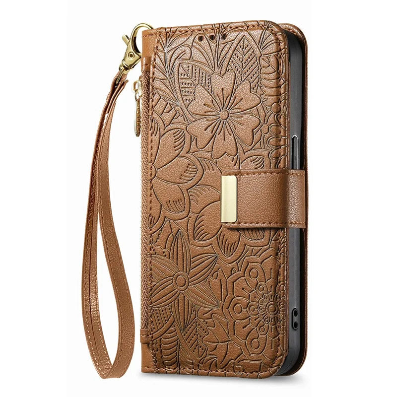 For Realme GT 8 5G Case Floral Leaf Pattern Multi Card Slots Zipper Leather Phone Cover with Wrist Strap - Brown