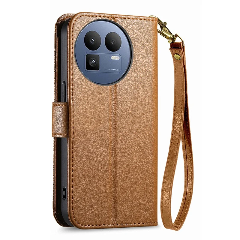 For Realme GT 8 5G Case Floral Leaf Pattern Multi Card Slots Zipper Leather Phone Cover with Wrist Strap - Brown