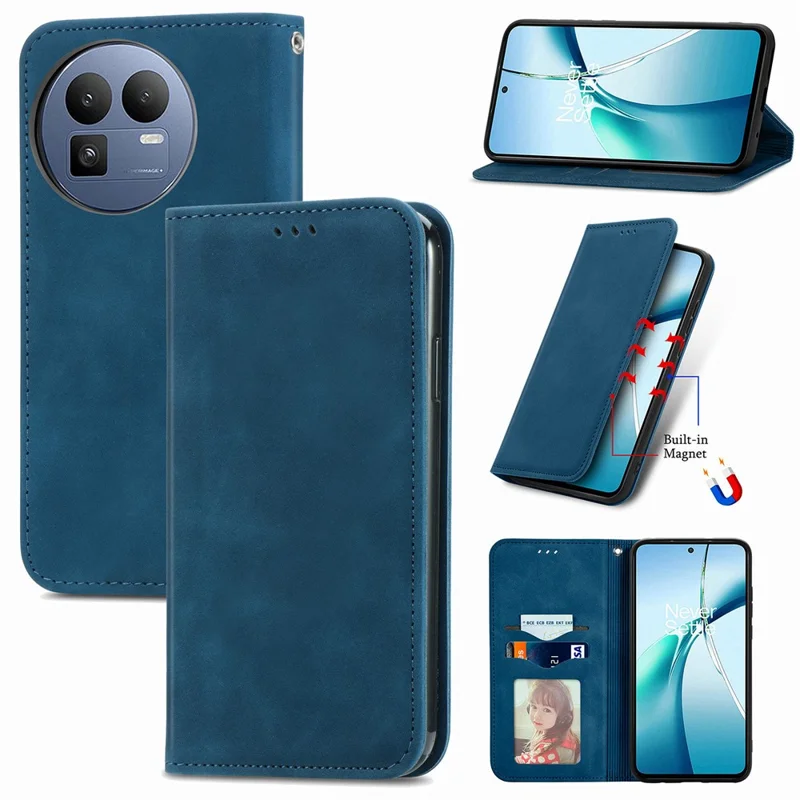 For Realme GT 8 5G Leather Case with Card Holder Magnetic Absorption Phone Cover - Dark Blue