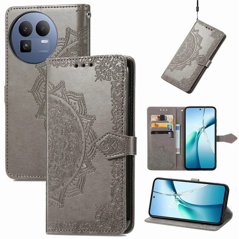 For Realme GT 8 5G Wallet Case Mandala Flower Leather Phone Cover Stand - Grey