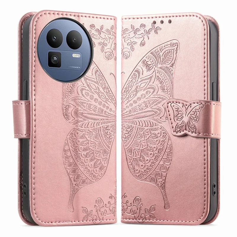 For Realme GT 8 5G Case with Strap Butterfly Pattern PU Leather Wallet Phone Cover - Rose Gold