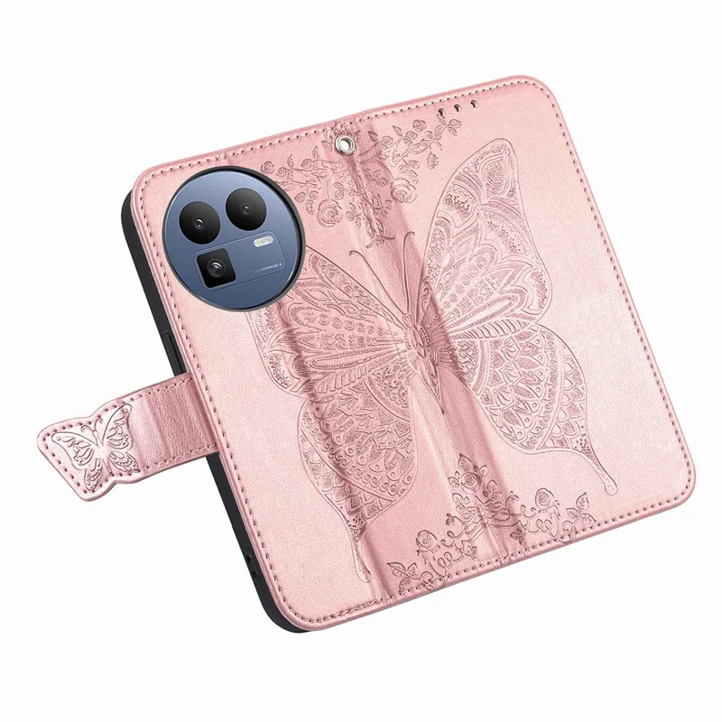 For Realme GT 8 5G Case with Strap Butterfly Pattern PU Leather Wallet Phone Cover - Rose Gold
