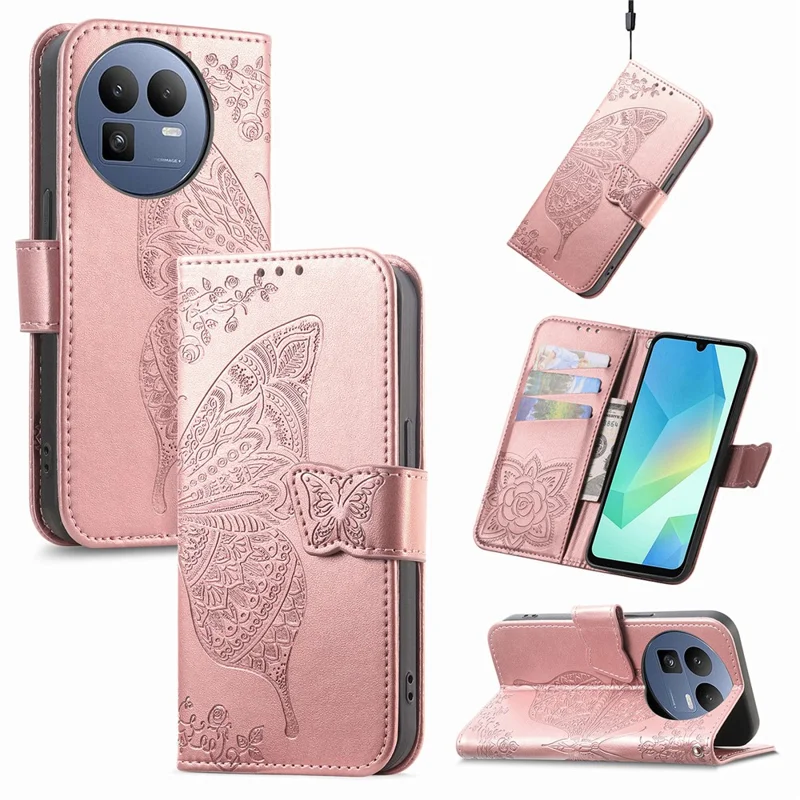 For Realme GT 8 5G Case with Strap Butterfly Pattern PU Leather Wallet Phone Cover - Rose Gold