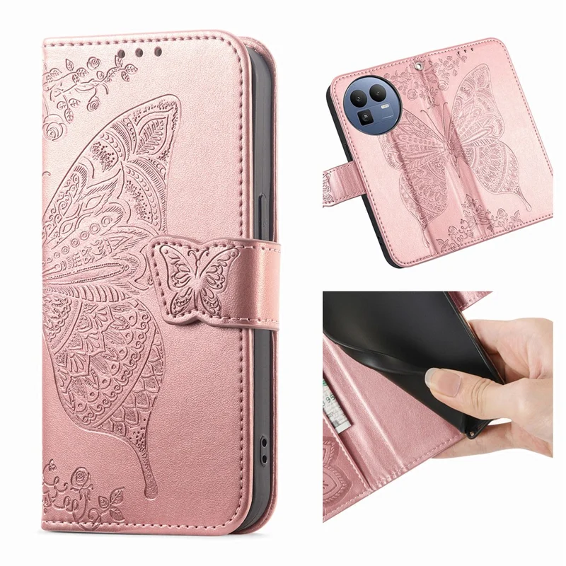 For Realme GT 8 5G Case with Strap Butterfly Pattern PU Leather Wallet Phone Cover - Rose Gold