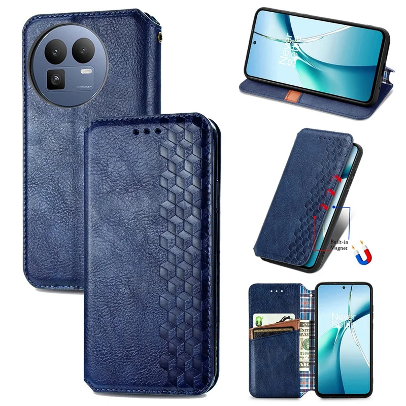 For Realme GT 8 5G Case Rhombus Imprint PU Leather Wallet Phone Cover - Blue