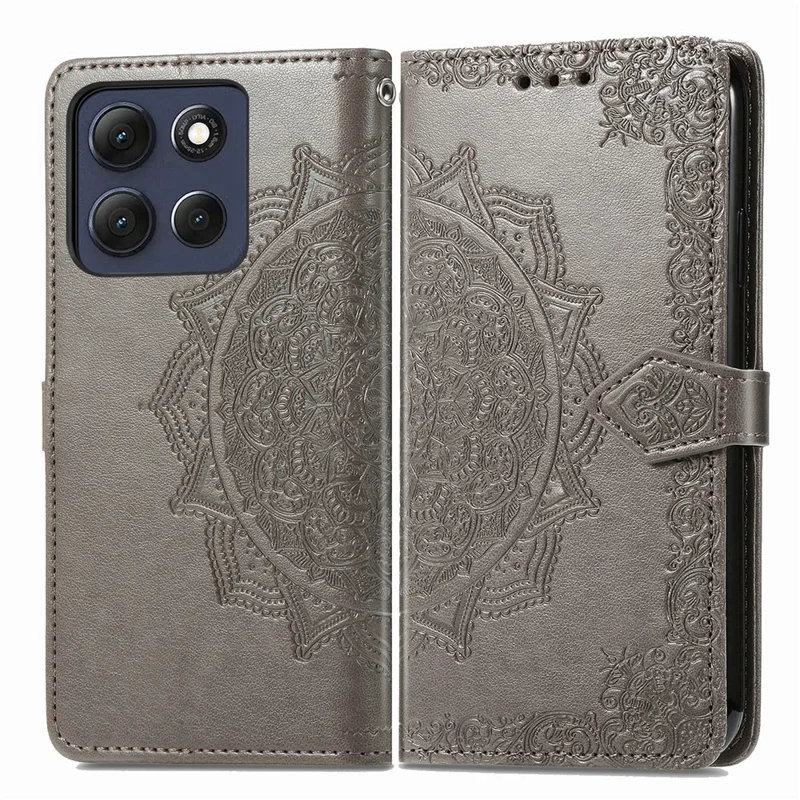 For Motorola Moto G67 Power 5G Wallet Case Mandala Flower Leather Phone Cover Stand - Grey