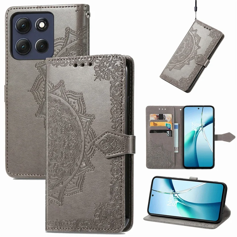 For Motorola Moto G67 Power 5G Wallet Case Mandala Flower Leather Phone Cover Stand - Grey