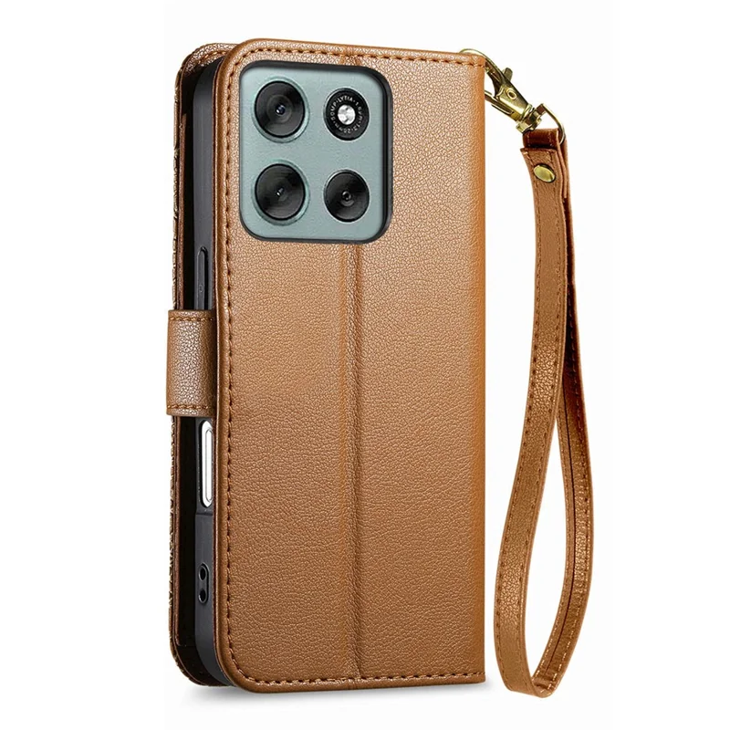 For Motorola Moto G67 Power 5G Case Floral Leaf Pattern Multi Card Slots Zipper Leather Phone Cover with Wrist Strap - Brown