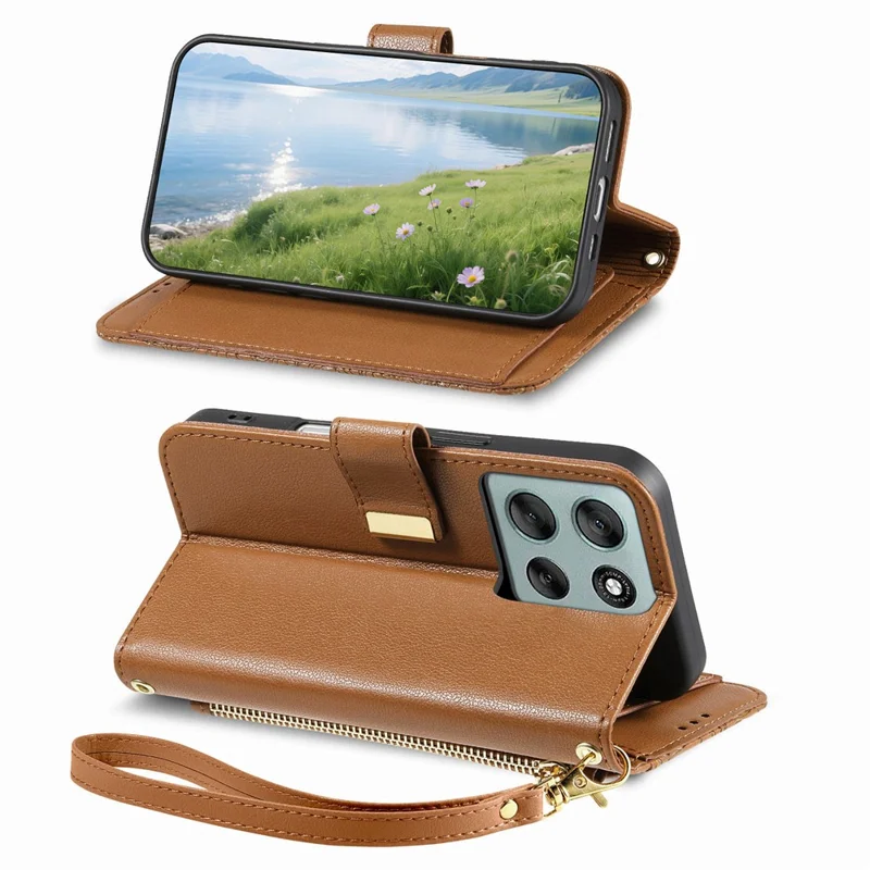 For Motorola Moto G67 Power 5G Case Floral Leaf Pattern Multi Card Slots Zipper Leather Phone Cover with Wrist Strap - Brown