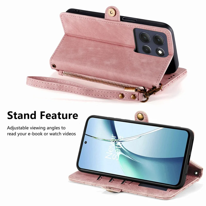 For Motorola Moto G67 Power 5G Case Zipper Wallet Geometry Lines Leather Phone Cover with Strap - Pink