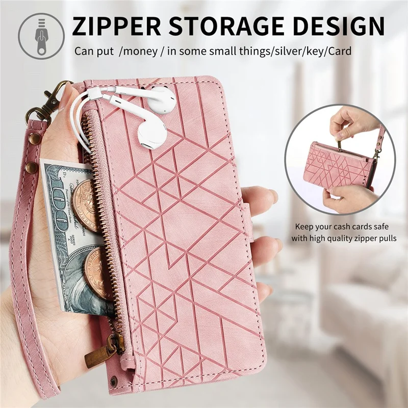 For Motorola Moto G67 Power 5G Case Zipper Wallet Geometry Lines Leather Phone Cover with Strap - Pink