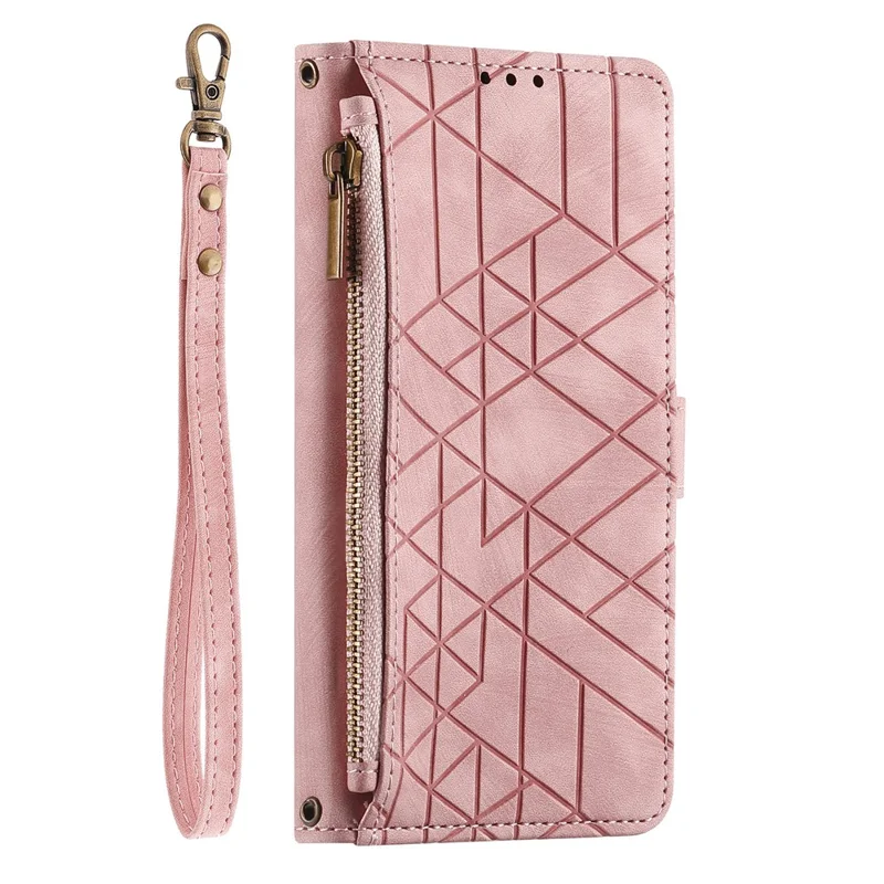 For Motorola Moto G67 Power 5G Case Zipper Wallet Geometry Lines Leather Phone Cover with Strap - Pink
