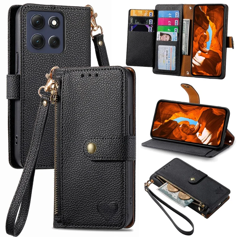 For Motorola Moto G67 Power 5G Case RFID Blocking Zipper Pocket Leather Wallet Phone Cover with Strap - Black