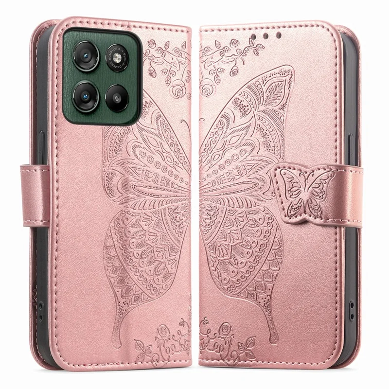 For Motorola Moto G67 Power 5G Case with Strap Butterfly Pattern PU Leather Wallet Phone Cover - Rose Gold