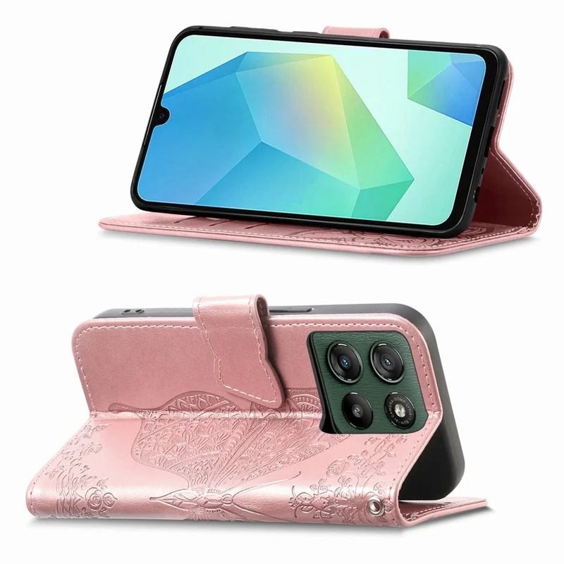 For Motorola Moto G67 Power 5G Case with Strap Butterfly Pattern PU Leather Wallet Phone Cover - Rose Gold