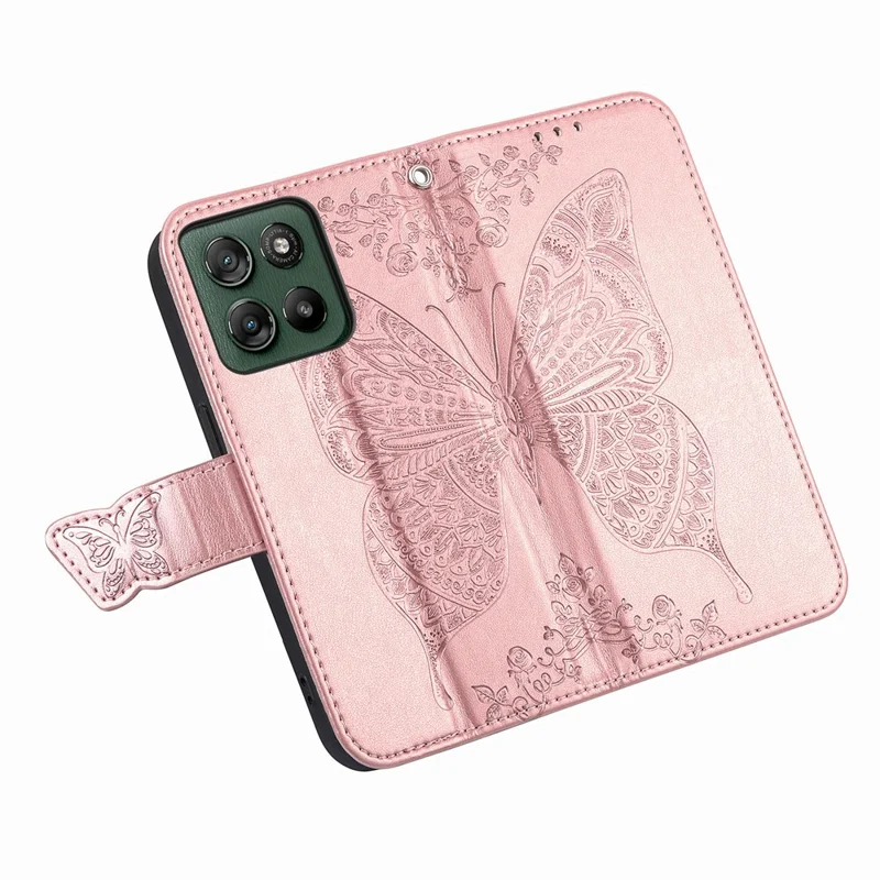For Motorola Moto G67 Power 5G Case with Strap Butterfly Pattern PU Leather Wallet Phone Cover - Rose Gold