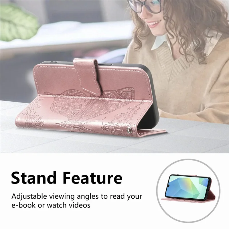 For Motorola Moto G67 Power 5G Case with Strap Butterfly Pattern PU Leather Wallet Phone Cover - Rose Gold