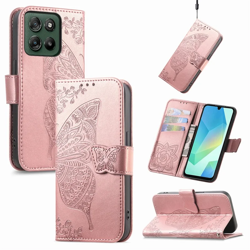 For Motorola Moto G67 Power 5G Case with Strap Butterfly Pattern PU Leather Wallet Phone Cover - Rose Gold