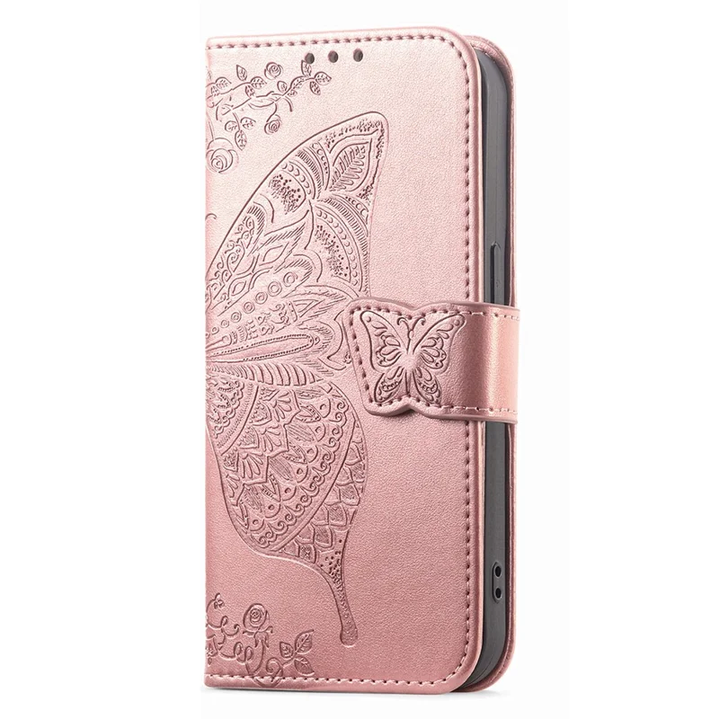 For Motorola Moto G67 Power 5G Case with Strap Butterfly Pattern PU Leather Wallet Phone Cover - Rose Gold