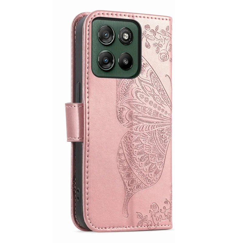 For Motorola Moto G67 Power 5G Case with Strap Butterfly Pattern PU Leather Wallet Phone Cover - Rose Gold