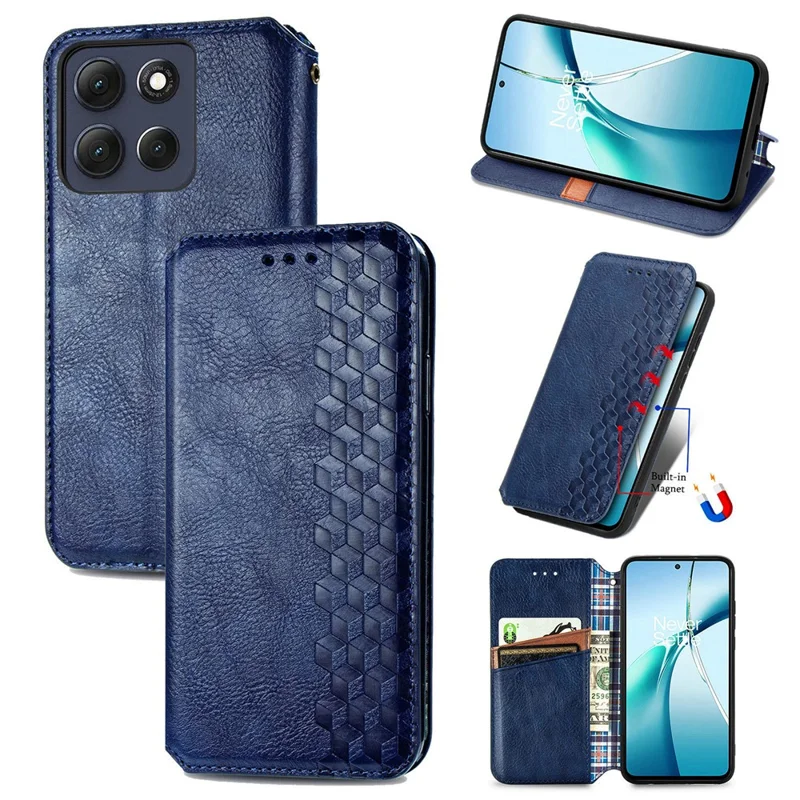For Motorola Moto G67 Power 5G Case Rhombus Imprint PU Leather Wallet Phone Cover - Blue
