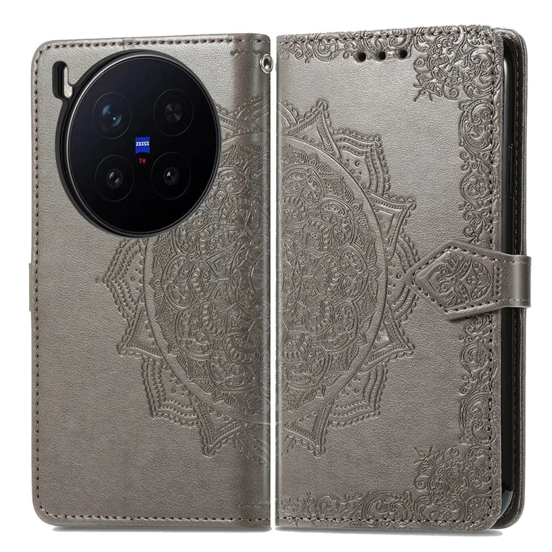 For vivo X300 Pro 5G Wallet Case Mandala Flower Leather Phone Cover Stand - Grey