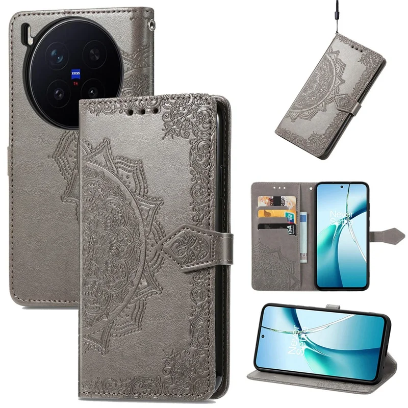For vivo X300 Pro 5G Wallet Case Mandala Flower Leather Phone Cover Stand - Grey