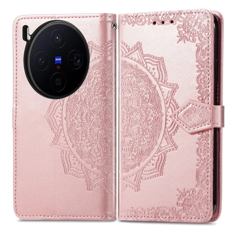 For vivo X300 5G Wallet Case Mandala Flower Leather Phone Cover Stand - Rose Gold