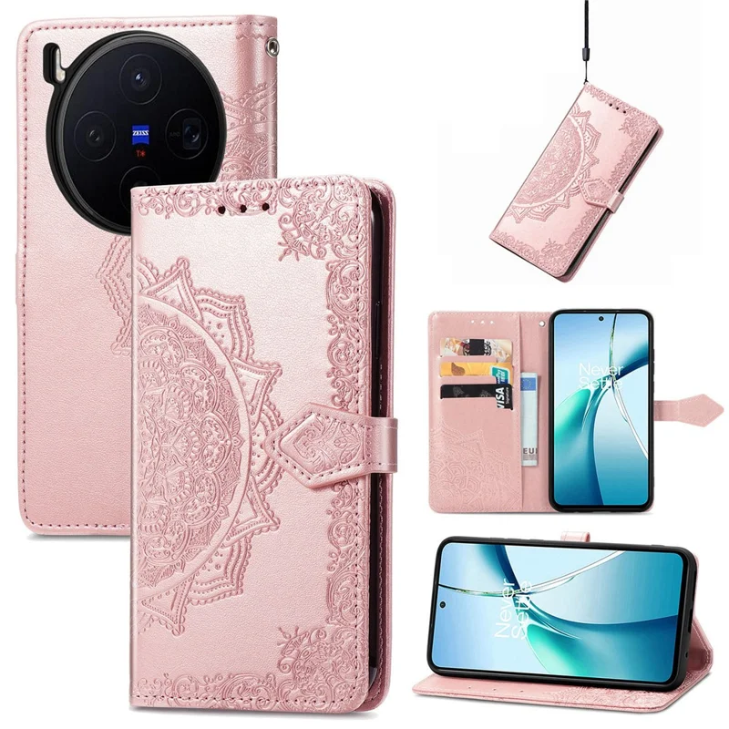 For vivo X300 5G Wallet Case Mandala Flower Leather Phone Cover Stand - Rose Gold
